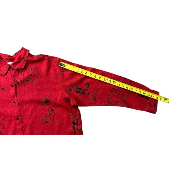 Chico’s red rhino elephant zebra shirt shacket long sleeve size 2 100% linen - Picture 10 of 15
